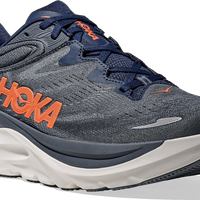 Quarter turn view Men's HOKA Footwear style name Gaviota 6 XWide in color Midnight Blue/ Faded Navy. Sku: 1171936-MLFD