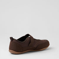 A dark brown slip-on shoe with a textured fabric upper and a light brown sole, shown from a side-rear angle on a light gray background.