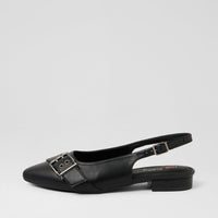 A single black leather slingback flat shoe with a pointed toe and a decorative silver-tone buckle detail across the instep, shown against a plain light gray background.