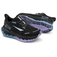 A pair of Otivm running shoes in black, purple, and light blue, displayed against a clean white background.