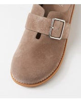 clog in taupe suede leather with closed round toe, cushioned footbed with open back on a white background