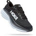 Quarter view Women's Hoka Footwear style name Bondi 8 Wide in color Black/ White. SKU: 1127954BWHT