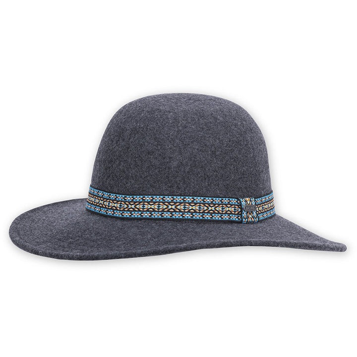 Quarter turn view Women's Pistil Hats style name Marlowe Wide Brim in color Dark Charcoal. Sku: 0204-DARKCHARCO