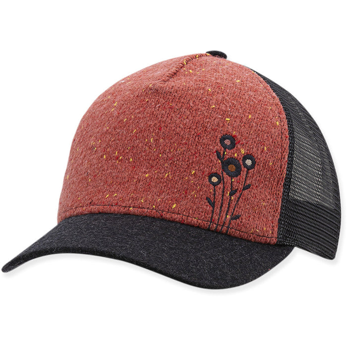 Quarter turn view Women's Pistil Hats style name Flourish Trucker in color Rhubarb. Sku: 0265-RHUBARB