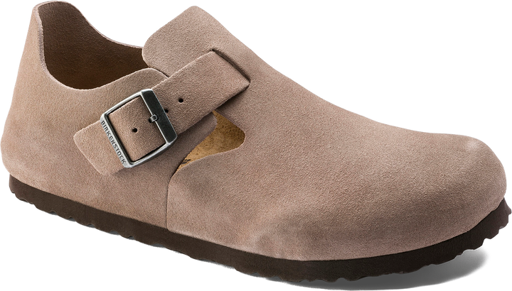 Quarter turn view Women's Birkenstock Footwear style name London Suede Regular in color TAUPE SDE. Sku: 1010503