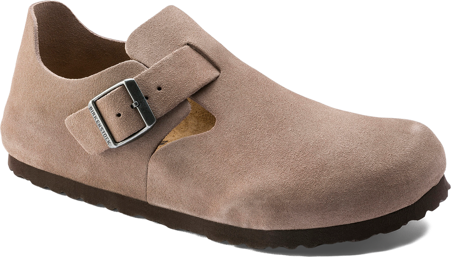 Quarter turn view Women's Birkenstock Footwear style name London Suede Regular in color TAUPE SDE. Sku: 1010503