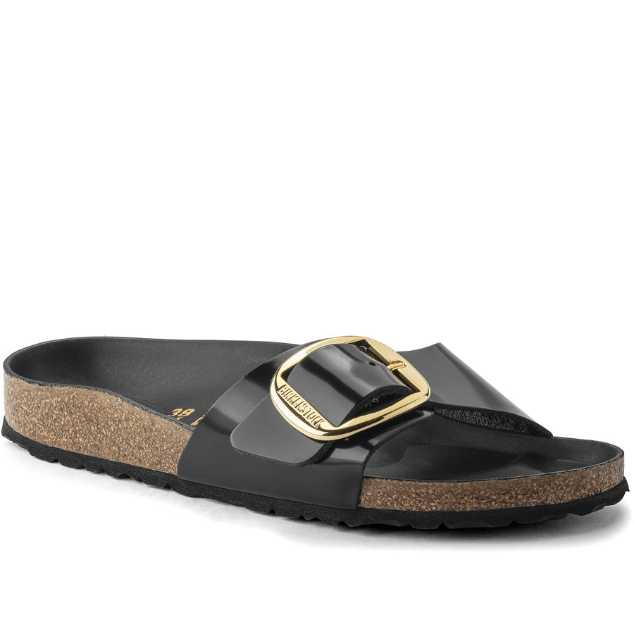 Quarter turn Women's Birkenstock Footwear style name Madrid Big Buckle Narrow in color High Shine Black. Sku: 1022650
