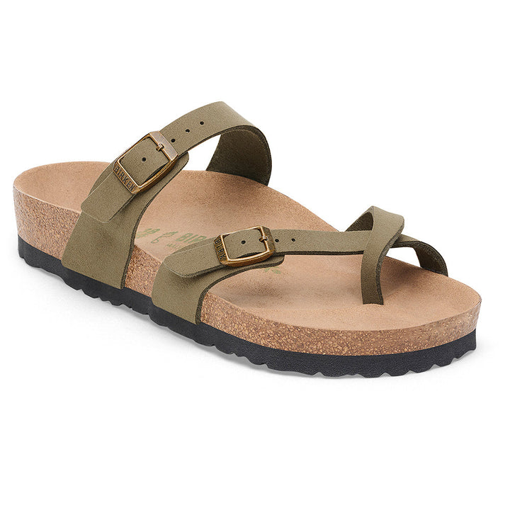 Quarter turn view Women's Birkenstock Footwear style name Mayari Vegan in color Silky Pine Green. Sku: 1027981