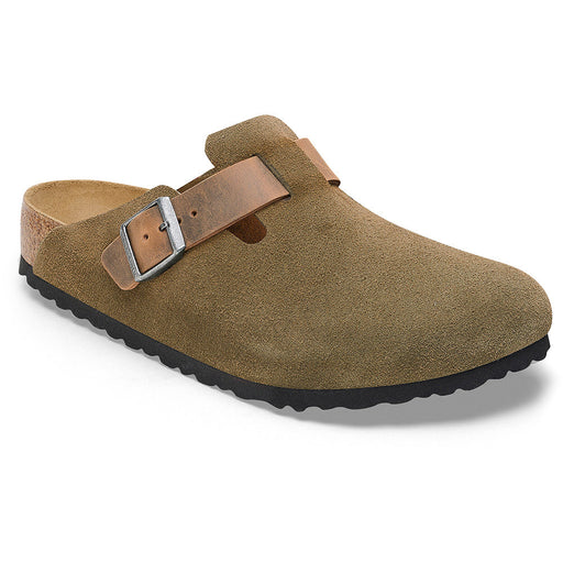 Quarter turn view Men's Birkenstock Footwear style name Boston Suede/ Oiled Regular in color Sypes Low Leather B-Dry. Sku: 1028067