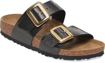 Quarter turn view Women's Birkenstock Footwear style name Sydney Luxe Buckle Narrow in color GR LIC BF. Sku: 1029457