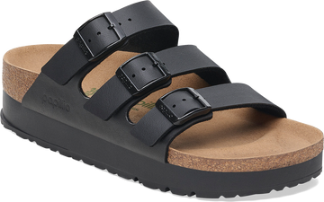 Quarter turn view Women's Birkenstock Footwear style name Florida III Platform Vegan Narrow in color BLACK BF. Sku: 1029737