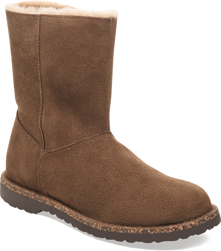 Quarter turn view Women's Birkenstock Footwear style name Uppsala Zip Shearling Regular in color DARK TEA. Sku: 1030054