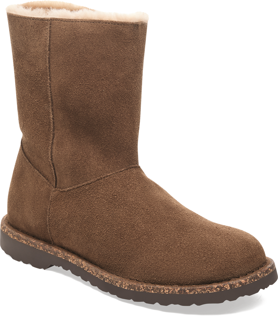 Quarter turn view Women's Birkenstock Footwear style name Uppsala Zip Shearling Regular in color DARK TEA. Sku: 1030054