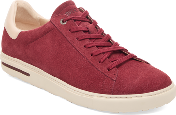 Quarter turn view Women's Birkenstock Footwear style name Bend Varsity Suede Narrow in color ZINFANDEL. Sku: 1030119