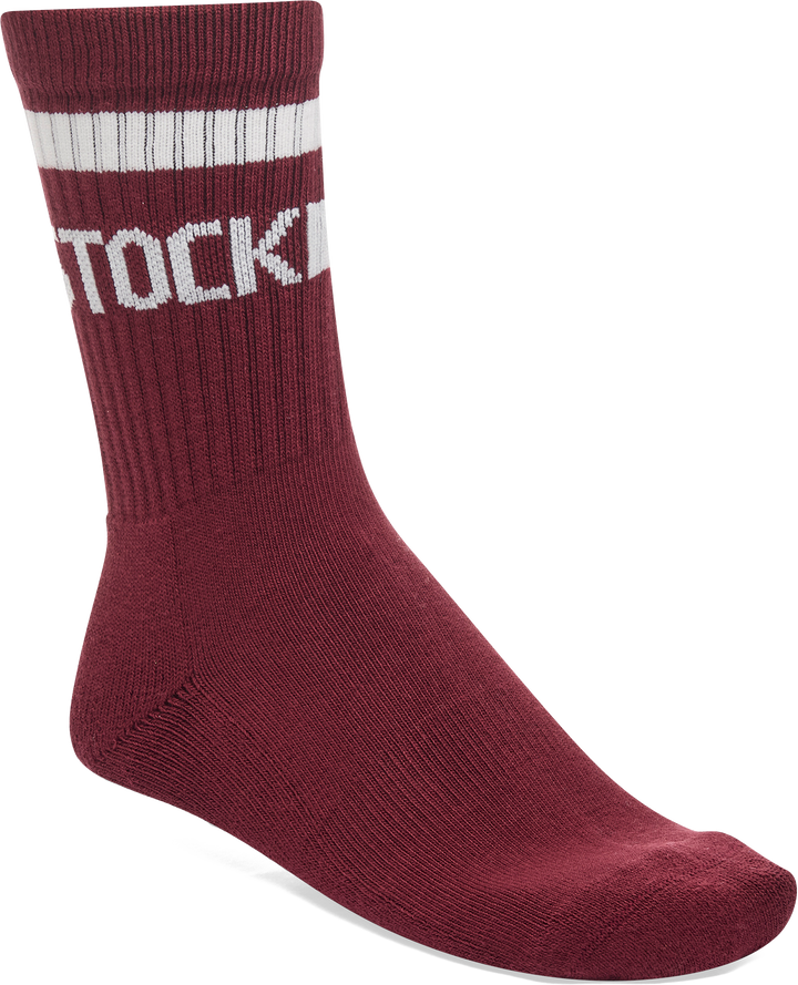 Quarter turn view Women's Birkenstock Sock style name Cotton Crew Stripe in color ZINFANDEL. Sku: 1030256