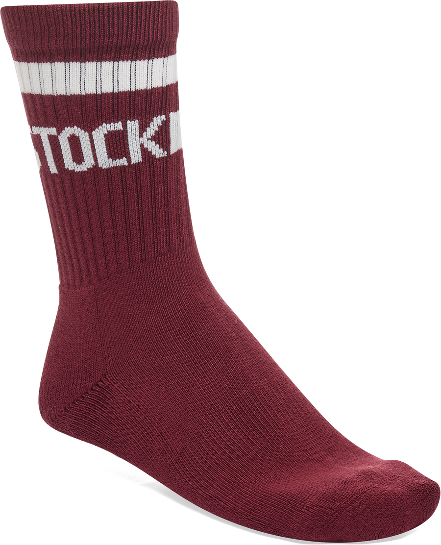 Quarter turn view Women's Birkenstock Sock style name Cotton Crew Stripe in color ZINFANDEL. Sku: 1030256