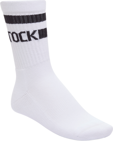 Quarter turn view Unisex Birkenstock Sock style name Cotton Crew Stripe in color WHT/BLK. Sku: 1030264