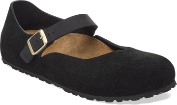 Quarter turn view Women's Birkenstock Footwear style name Mantova Suede Narrow in color BLACK SDE. Sku: 1030423