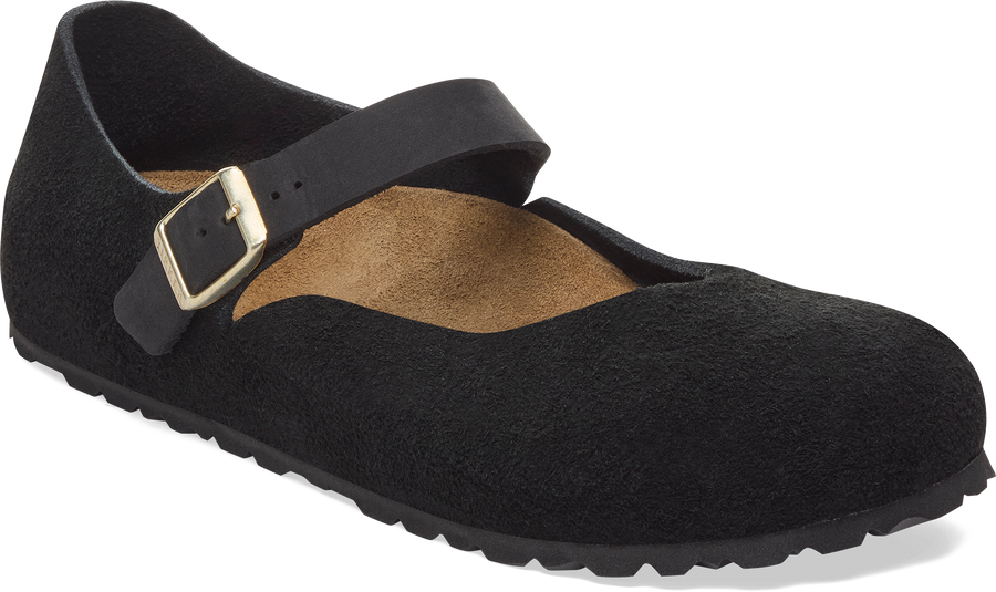 Quarter turn view Women's Birkenstock Footwear style name Mantova Suede Narrow in color BLACK SDE. Sku: 1030423