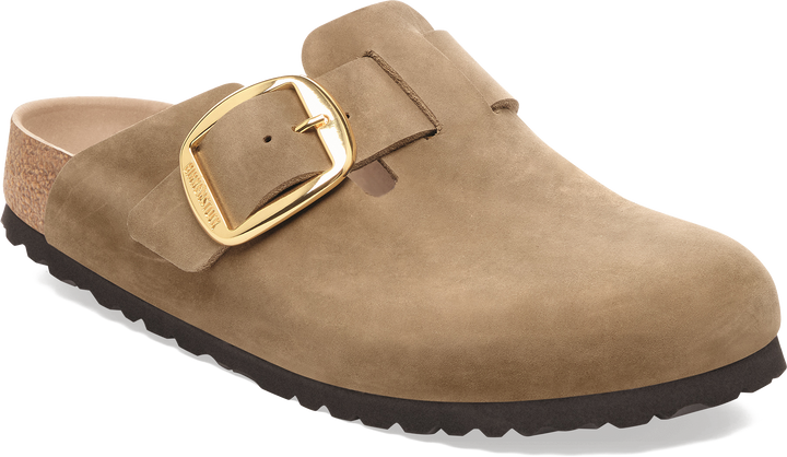Quarter turn view Women's Birkenstock Footwear style name Boston Big Buckle Oiled Narrow in color TOBACCO OI. Sku: 1030425