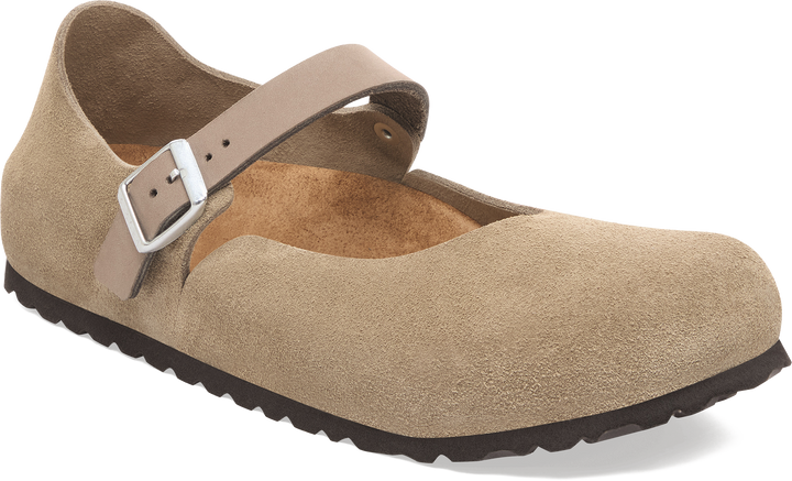 Quarter turn view Women's Birkenstock Footwear style name Mantova Suede Narrow in color TAUPE SDE. Sku: 1030432