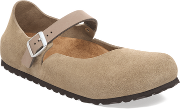 Quarter turn view Women's Birkenstock Footwear style name Mantova Suede Narrow in color TAUPE SDE. Sku: 1030432