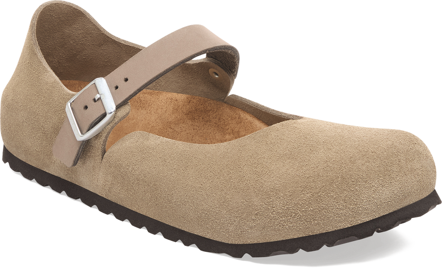 Quarter turn view Women's Birkenstock Footwear style name Mantova Suede Narrow in color TAUPE SDE. Sku: 1030432