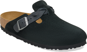 Quarter turn view Women's Birkenstock Footwear style name Boston Braid Suede Narrow in color BLACK SDE. Sku: 1030497