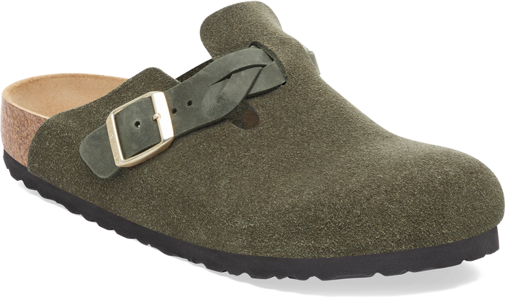 Quarter turn view Women's Birkenstock Footwear style name Boston Braid Suede Narrow in color THYME SDE. Sku: 1030599