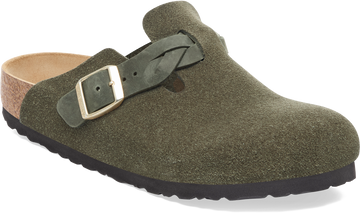 Quarter turn view Women's Birkenstock Footwear style name Boston Braid Suede Narrow in color THYME SDE. Sku: 1030599