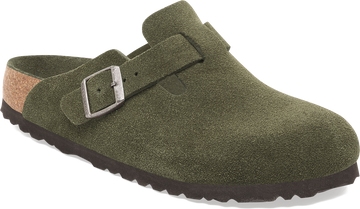 Quarter turn view Men's Birkenstock Footwear style name Boston Soft Footbed Suede in color THYME SDE. Sku: 1030879