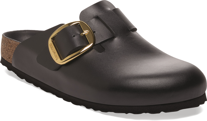 Quarter turn view Women's Birkenstock Footwear style name Boston Big Buckle Leather Narrow in color AMALFI BLK. Sku: 1030904