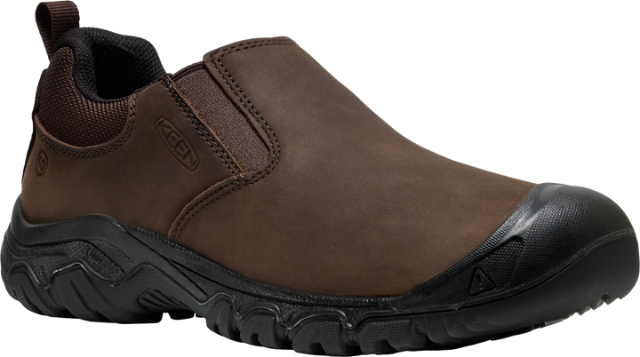 Quarter turn view Men's KEEN Footwear style name Targhee IV Slip-On in color JAVA/BLK. Sku: 1031163