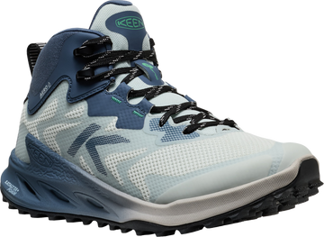 Quarter turn view Women's KEEN Footwear style name Zionic Nxt Mid Waterproof in color BLU/WNTGRN. Sku: 1031179