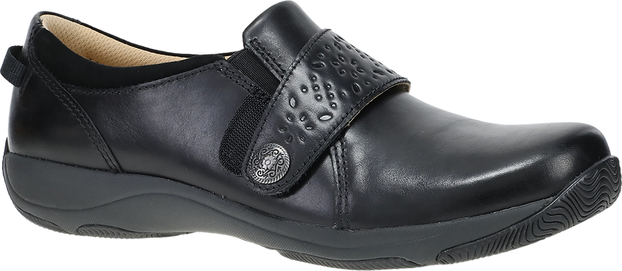 Quarter turn view Women's Dansko Footwear style name Sallie Wide in color BLK WAX BN. Sku: 10404020200