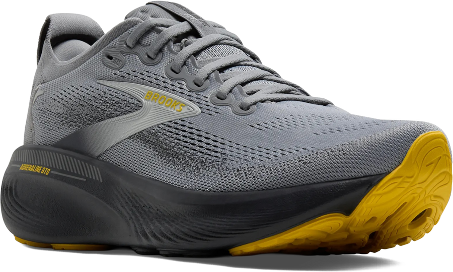 Quarter turn view Men's Brooks Footwear style name Adrenaline GTS 25 Medium in color GRY/EB/JAS. Sku: 110454-1D044