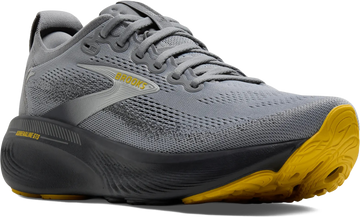 Quarter turn view Men's Brooks Footwear style name Adrenaline GTS 25 Double Wide in color GRY/EB/JAS. Sku: 110454-4E044