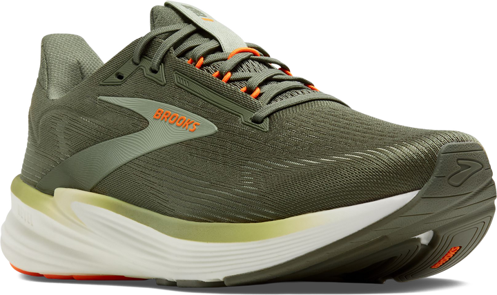 Quarter turn view Men's Brooks Footwear style name Revel 8 Medium in color OLV/TEA/OR. Sku: 110468-1D380