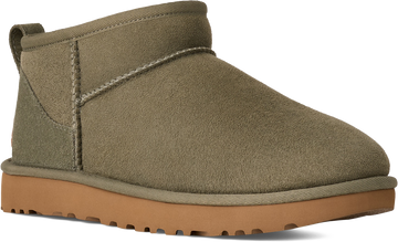 Quarter turn view Women's UGG Footwear style name Classic Ultra Mini in color MOSS GREEN. Sku: 1116109-MMP