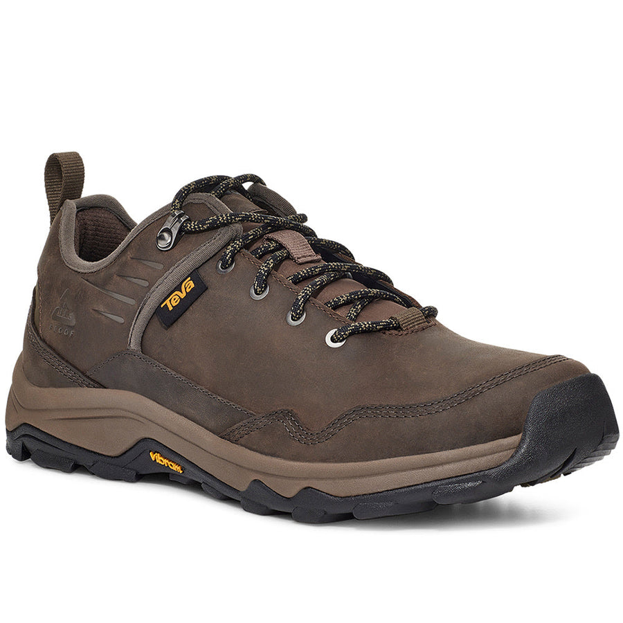 Quarter turn view Men's Teva Footwear style name Riva Rp in color Dark Brown/ Olive. Sku: 1123771-DBOL