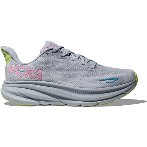 Quarter turn view Women's Hoka Footwear style name Clifton 9 in color Gull/ Sea Ice. Sku: 1127896GLLS