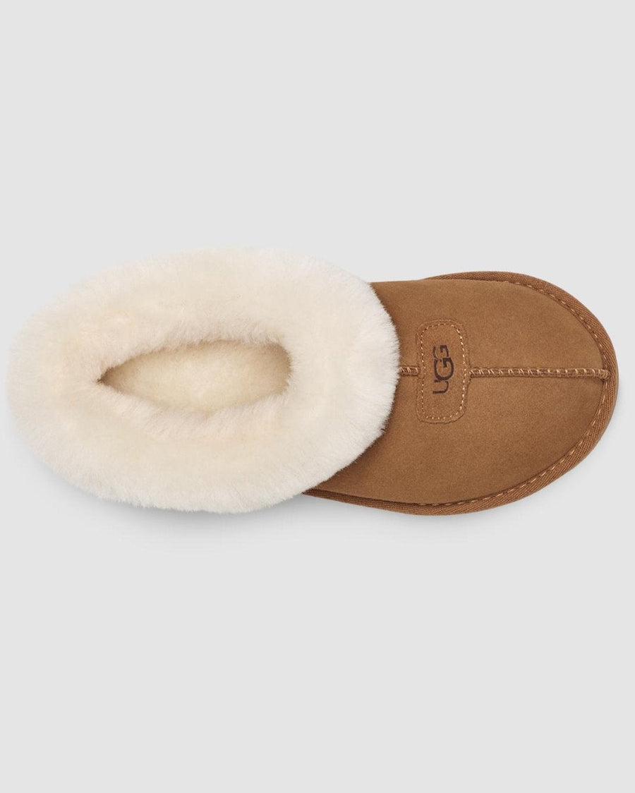 Pair of slippers with white fur lining on a light gray background