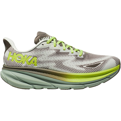 Quarter turn view Men's Hoka Footwear style name Clifton 9 GTX in color Slate/ Aloe Vera. Sku: 1141470FSTLV