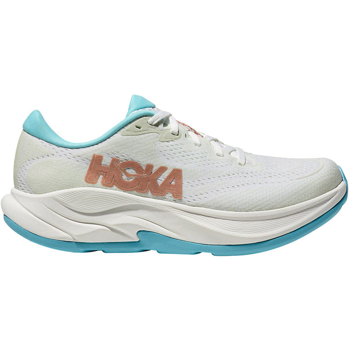 Quarter turn view Women's Hoka Footwear style name Rincon 4 Wide in color Frost/ Rose Gold. Sku: 1155133FTRS