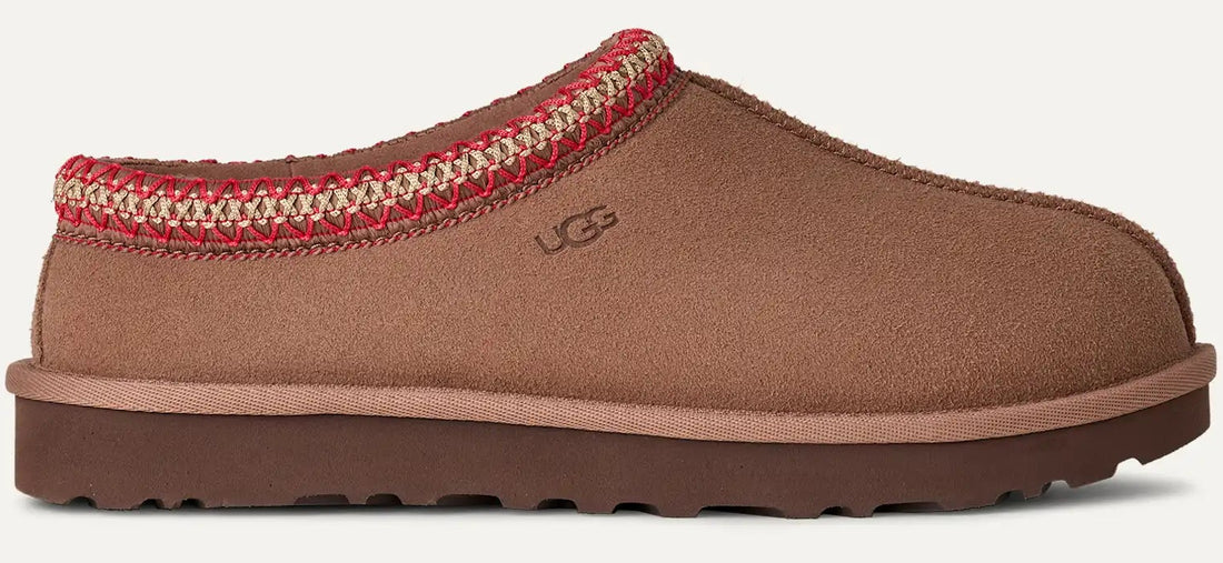 Brown slipper with red and beige patterned interior on a white background