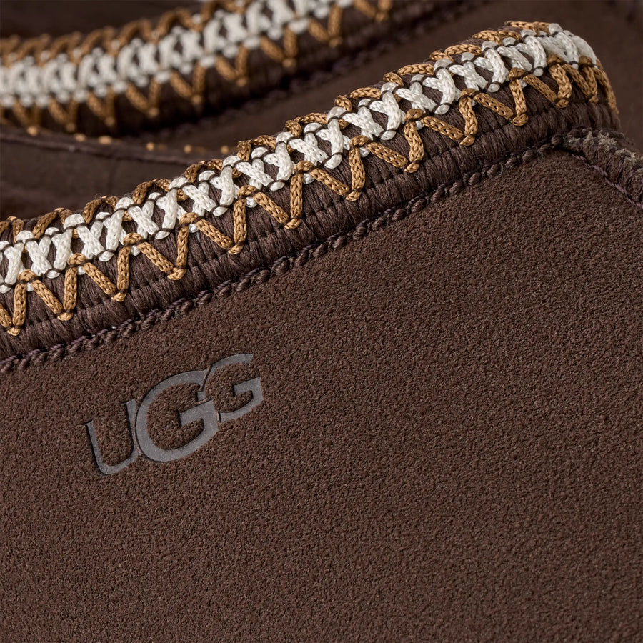Close-up of a brown UGG product with braided trim