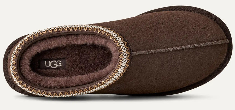 Brown UGG slipper on a light gray background