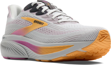 Quarter turn view Women's Brooks Footwear style name Ghost 17 Double Wide in color OYS/APR/PK. Sku: 120431-2E070