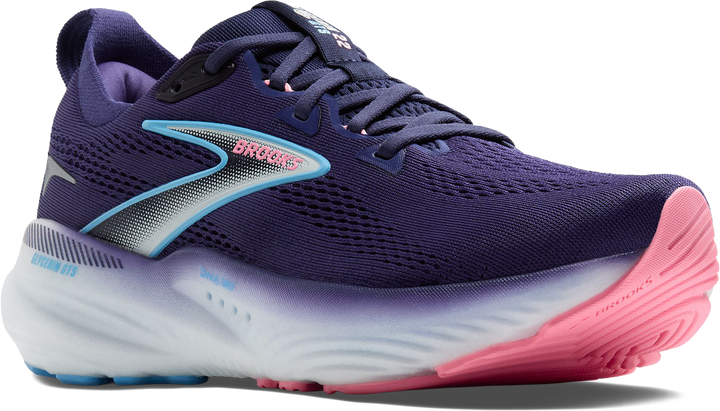 Quarter turn view Women's Brooks Footwear style name Glycerin GTS 22 Medium in color BLU/PEA/DI. Sku: 120435-1B429