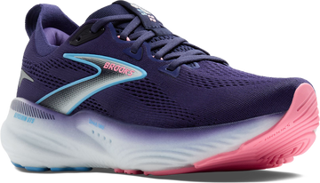 Quarter turn view Women's Brooks Footwear style name Glycerin GTS 22 Medium in color BLU/PEA/DI. Sku: 120435-1B429
